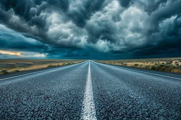 a long empty road with a white line on the road and a dark cloudy sky