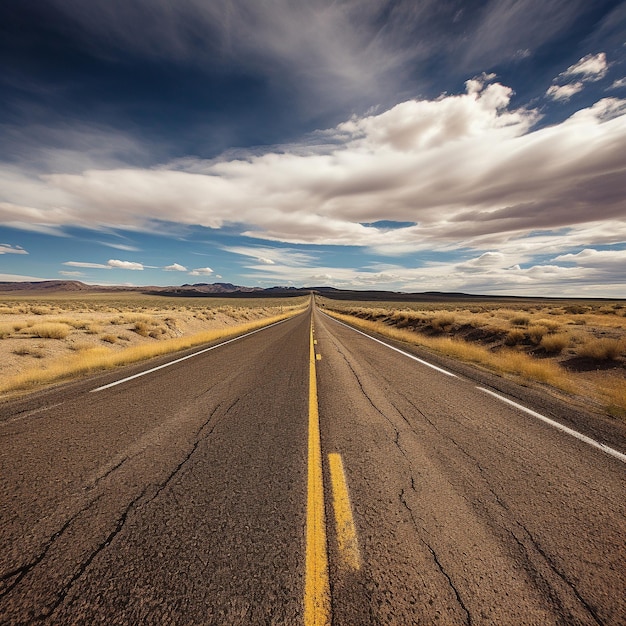 a long empty road with a yellow line in the middle