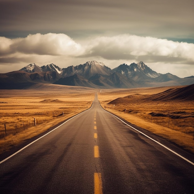 a long empty road with a yellow line on the side and a mountain in the background