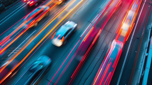 Long exposure aerial view of urban traffic on motorway at rush hour