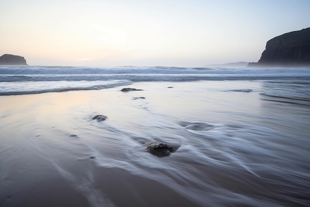 Long exposure of a beach at sunset with sand and rocks in foreground