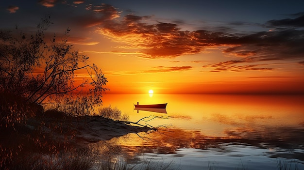 Long exposure of bright orange sunset sky over rippling sea in evening time