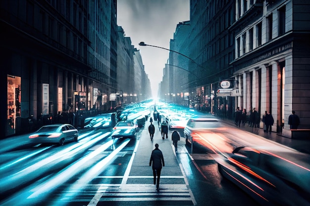 Long exposure of busy city street with cars and people in motion created with generative ai