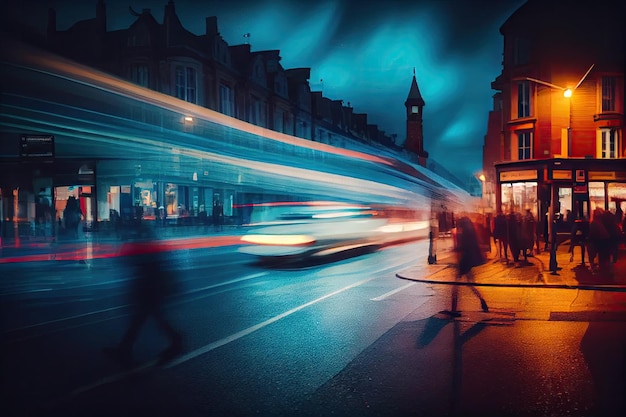 A long exposure of a busy street with the traffic lights and people moving in slow motion created with generative ai