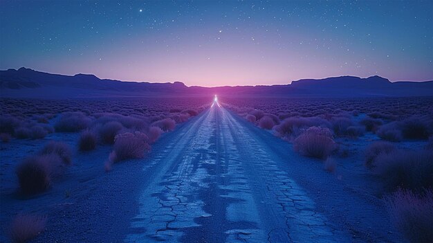 Photo long exposure of a deserted desert road at night with a cars headlights illuminating the path