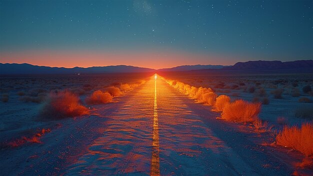 Photo long exposure of a deserted desert road at night with a cars headlights illuminating the path