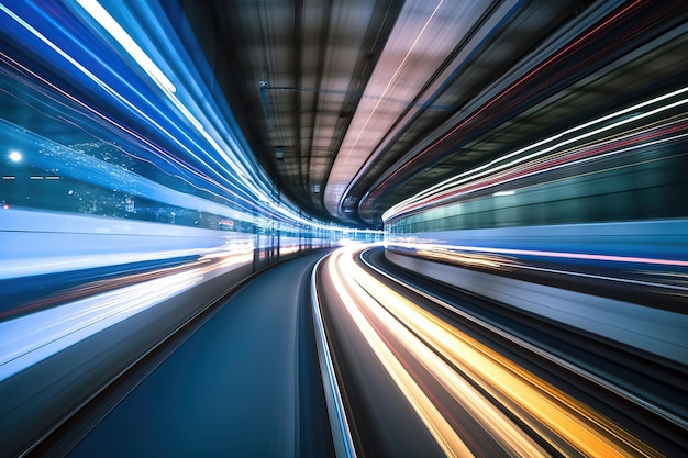 A long exposure of a highway with lights on the left side and the word speed on the right side.