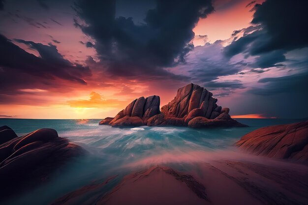 Long exposure image of dramatic sky seascape with rock in sunset Generative Ai