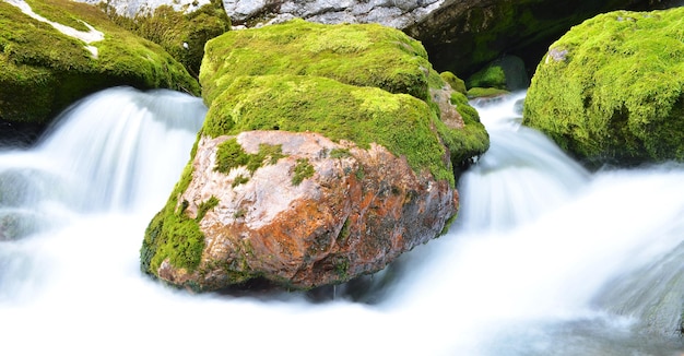 Long exposure image of a mountain stream flowing trough stone