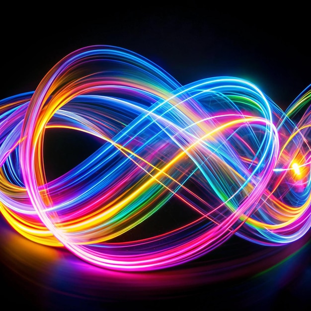 Long exposure light painting photography abstract background curvy lines of vibrant neon metallic in various colors against a black background