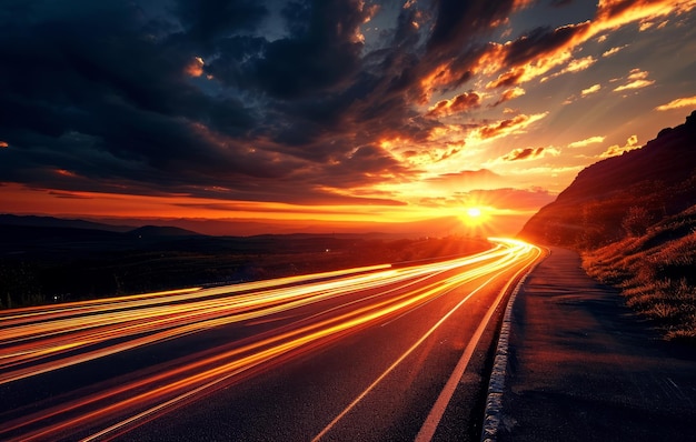 Photo long exposure of moving cars at high speed on a highway at sunset