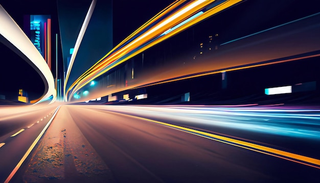 Long exposure of night city Car motion trails on road Speed light streaks background with blurred fast moving light effect ai generative