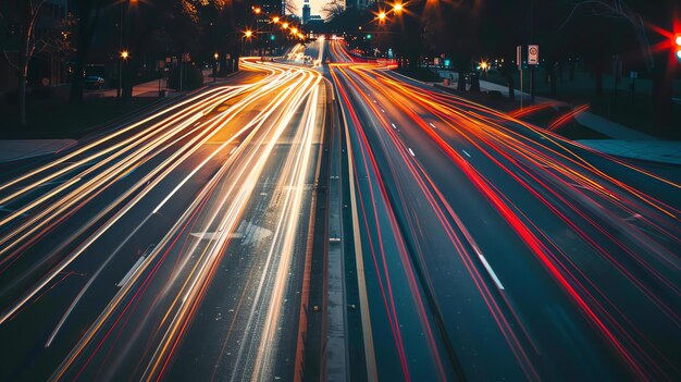 Long exposure photo of a busy city street at night The light trails from the cars create a colorful and abstract image