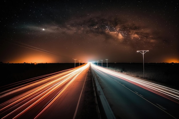 Long exposure photo of a highway at night Urban and modern design transportation and infrastructure speed and movement efficiency and progress Generative AI