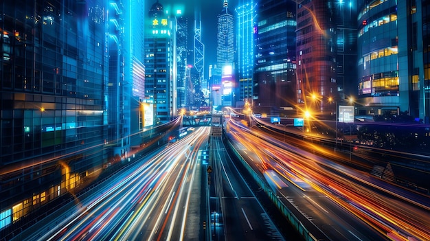 A long exposure photograph of a highway in a dense cityscape showcasing streaks of light from vehicles