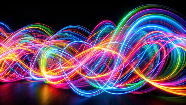 Photo long exposure photograph of neon multi colour in an abstract smoky swirl parallel lines pattern against a black background light painting photography