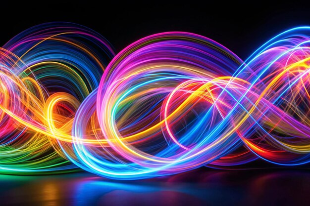 Photo long exposure photograph of neon multi colour in an abstract smoky swirl parallel lines pattern against a black background light painting photography