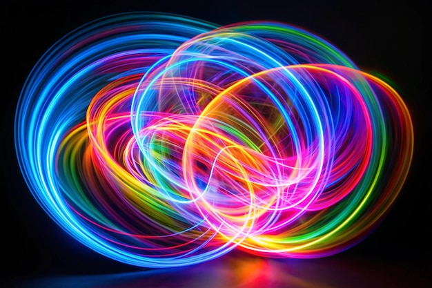 Long exposure photograph of neon multi colour loops in an abstract swirls pattern against a black background Light painting photography