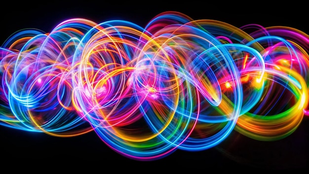 Photo long exposure photograph of neon multi colour loops in an abstract swirls pattern against a black background light painting photography