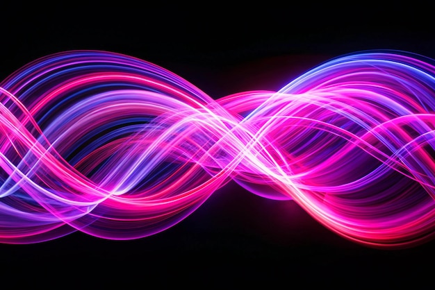 Long exposure photograph of neon pink and purple colour in an abstract swirl parallel lines pattern against a black background Light painting photography