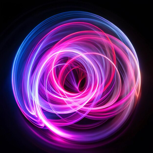 Long exposure photograph of neon pink and purple colour in an abstract swirl parallel lines pattern against a black background Light painting photography