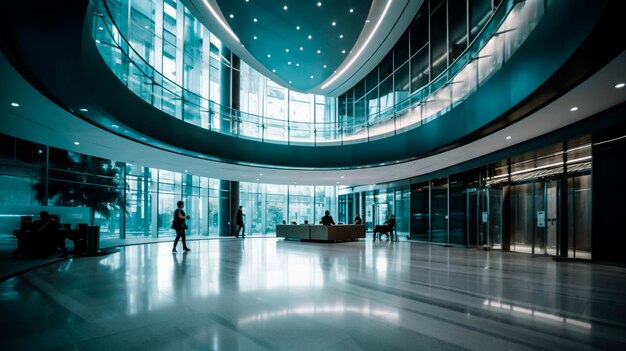 Long exposure shot of modern office lobby with business people Generative AI