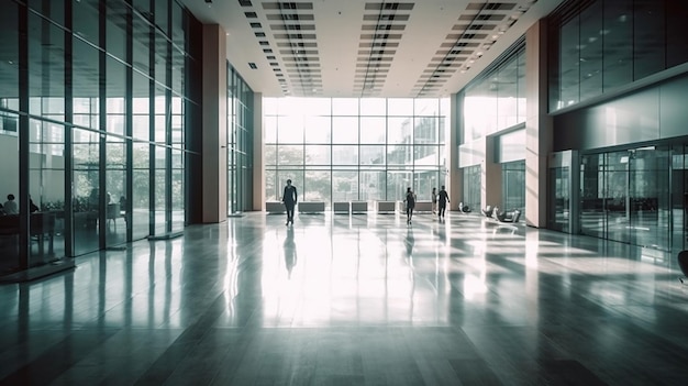 Long exposure shot of modern office lobby with business people Generative AI