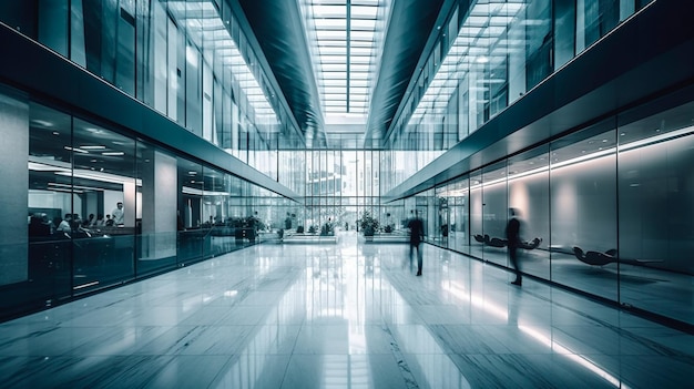 Long exposure shot of modern office lobby with business people Generative AI