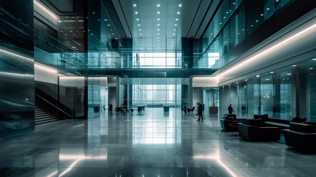 Long exposure shot of modern office lobby with business people Generative AI