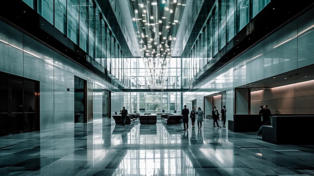 Long exposure shot of modern office lobby with business people Generative AI