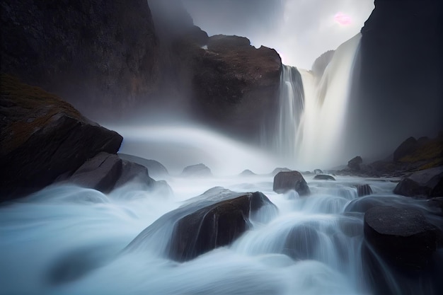 Long exposure of waterfall with a blurred ethereal mist