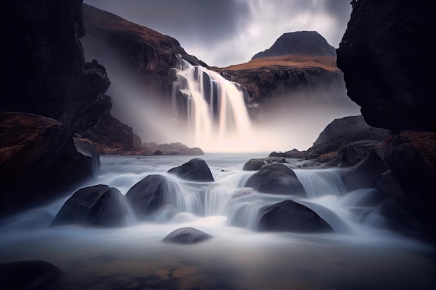 Long exposure of waterfall with a blurred ethereal mist