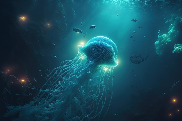 Long filaments of cnidocytes and glowing jellyfish float in the depths of the blue sea