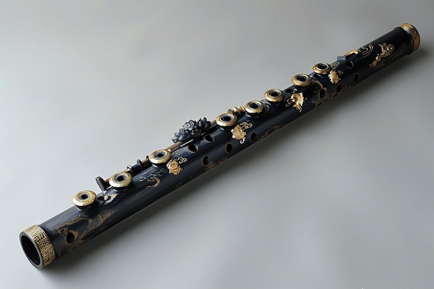 Photo a long flute made of dark wood with golden decorations on the right and left with many holes at reg