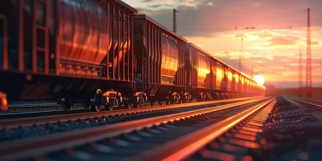 The long freight train moves slowly along the tracks into the sunset