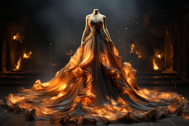 The long golden color dress radiating a warm and radiant glow for a glamorous look