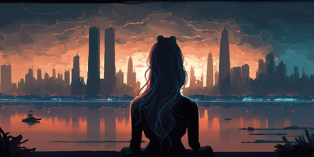 Long hair Woman in lotus pose in sillhouette practicing yoga in pastel colors