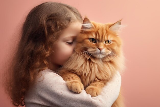 Long haired beautiful caucasian little girl hugging fluffy ginger cat on peach colored background