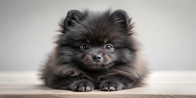 Photo long haired black pomeranian puppy lying on the table high angle view