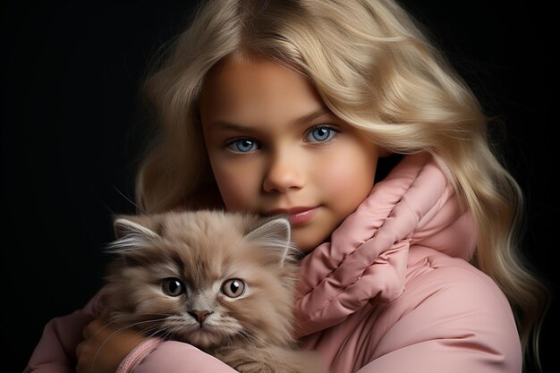 Long haired blond beautiful caucasian little girl hugging fluffy cat on dark background