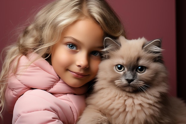 Long haired blond beautiful caucasian little girl hugging fluffy cat on pink dark background