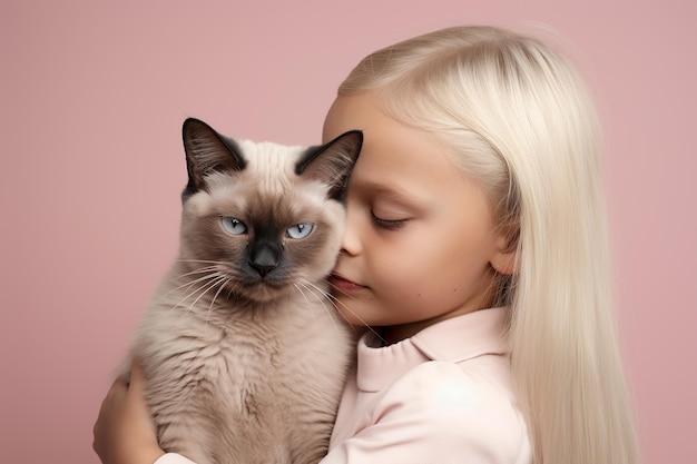 Long haired blond beautiful caucasian little girl hugging Siamese cat on pink background