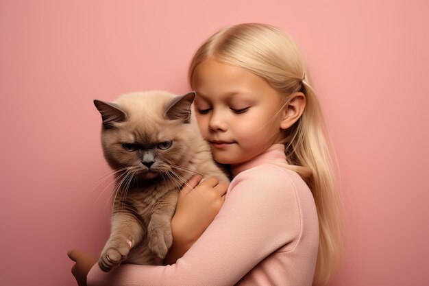 Long haired blond beautiful caucasian little girl hugging Siamese cat on pink background