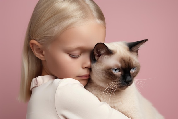 Long haired blond beautiful caucasian little girl hugging Siamese cat on pink background