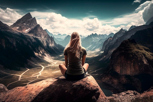 Long haired blonde girl hiker in hiking clothes sitting on top of a rock contemplating mountains