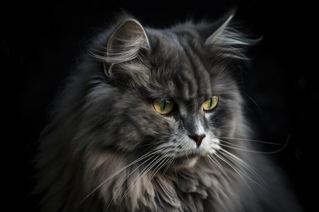 A long haired cat with green eyes and a black background.