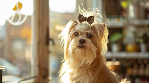 A long haired elegant dog with bows in her hair sitting in a salon with afternoon golden light streaming in through window