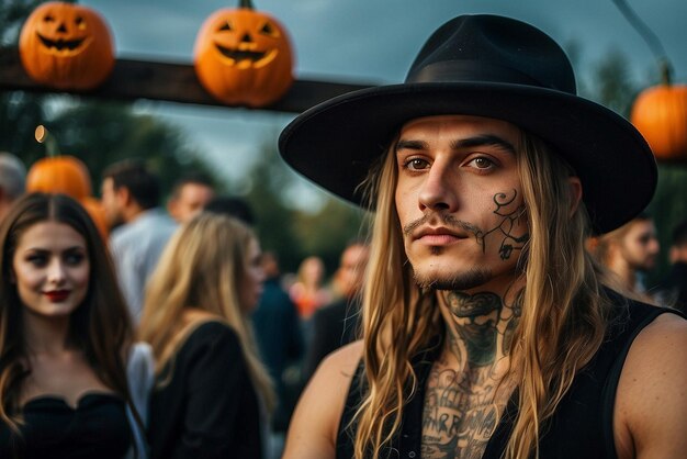 Photo long haired tattooed man in halloween costume at warsaws riviera with pumpkins generative ai