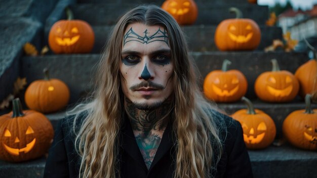 Photo long haired tattooed man in halloween costume at warsaws riviera with pumpkins generative ai