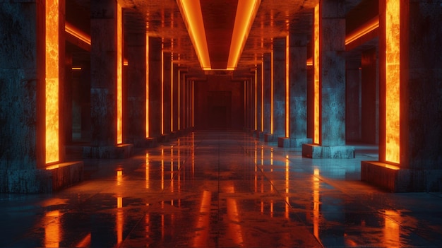 A long hallway illuminated by warm orange lights Perfect for interior design projects